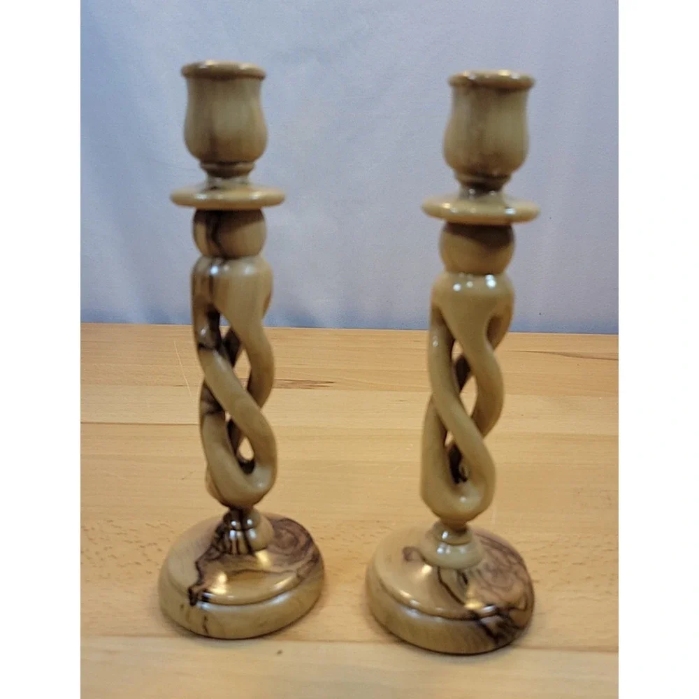 Vintage Twisted Turned wooden candlestick holders Pair carved spiral twist 7.5”